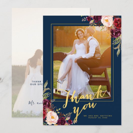 Bourgondië Bloemen Marine Blauw Goud Foto Huwelijk Bedankkaart (Voorkant / Achterkant)