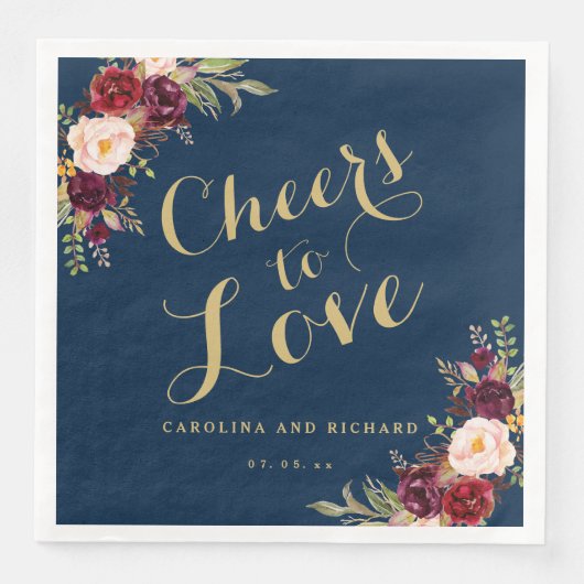 Bourgondië Bloemen Marine Blauw Huwelijk Goud Chee Servet (Voorkant)