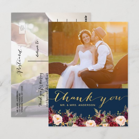 Bourgondië Bloemen Marine Gouden Foto Huwelijk Dan Briefkaart (Voorkant / Achterkant)
