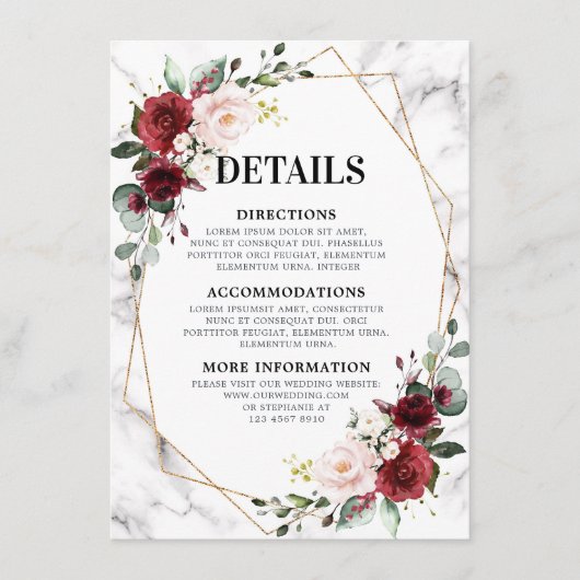 Bourgondië Bloemen Marmeren Geometrische bruiloft Informatiekaartje (Voorkant)