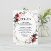 Bourgondië Bloemen Marmeren Geometrische bruiloft Informatiekaartje (Staand voorkant)