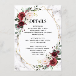 Bourgondië Bloemen Marmeren Geometrische bruiloft  Informatiekaartje