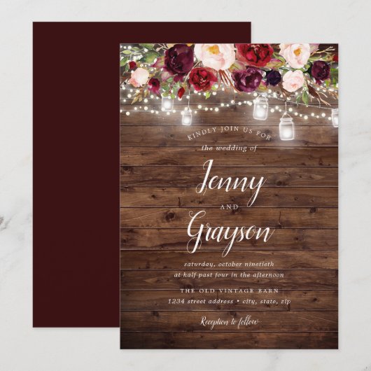 Bourgondië Bloemen Mason Jar Lights Hout Wedding Kaart (Voorkant / Achterkant)