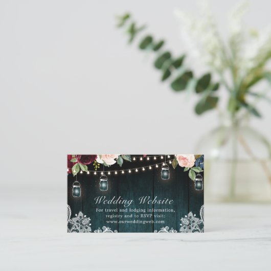 Bourgondië Bloemen String Lichten Mason Jar Weddin Informatiekaartje (Staand voorkant)