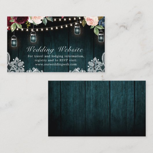 Bourgondië Bloemen String Lichten Mason Jar Weddin Informatiekaartje (Voorkant / Achterkant)