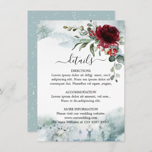 Bourgondië Bloemen Winter wonderland bruiloft Deta Informatiekaartje (Voorkant / Achterkant)