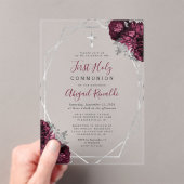 Bourgondië Bloemen Zilver Lijst Eerste Heilige Com Acryl Uitnodigingen (Insitu (Draagbaar))