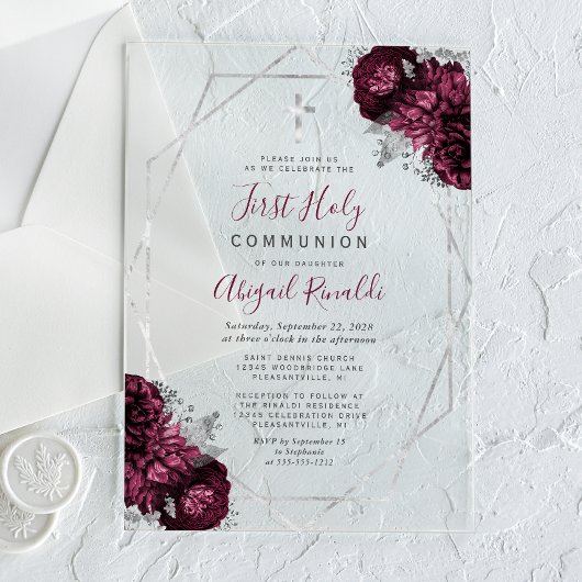 Bourgondië Bloemen Zilver Lijst Eerste Heilige Com Acryl Uitnodigingen