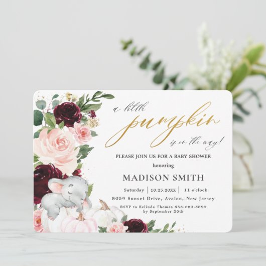 Bourgondië Bloemenpompoen Olifant Baby shower in Kaart (Staand voorkant)