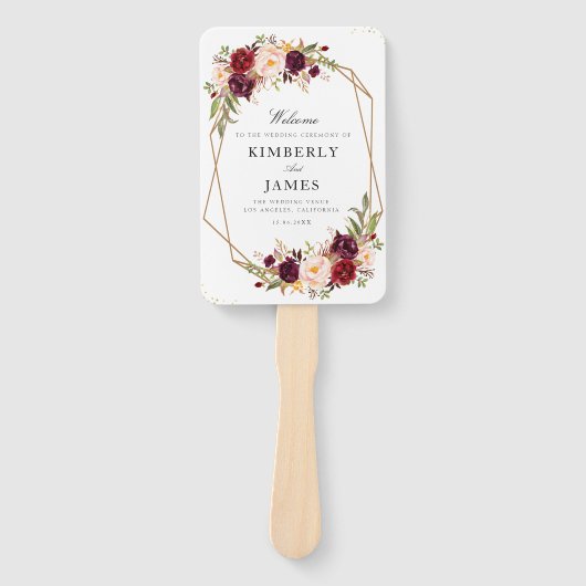 Bourgondië & blos bloemenbruiloft programma handwaaier (Voorkant)