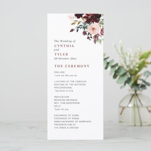 Bourgondië & blos bloemenbruiloft programma programmakaart (Staand voorkant)