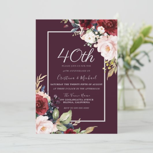 Bourgondië & Blush 40e bruiloft Jubileum Kaart (Staand voorkant)