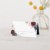 Bourgondië Blush Blauw Bloemen Bruiloft Gast Naam Plaatskaartje (Voorkant)
