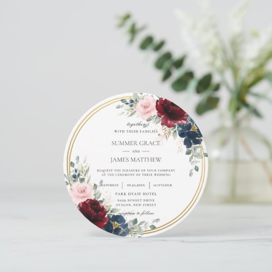 Bourgondië Blush Blauw Bloemen Gouden Cirkel Bruil Kaart (Staand voorkant)