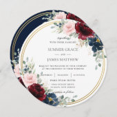 Bourgondië Blush Blauw Bloemen Gouden Cirkel Bruil Kaart (Voorkant / Achterkant)