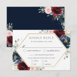 Bourgondië Blush Blauw Bloemen Groen Bruiloft Maal RSVP Kaartje