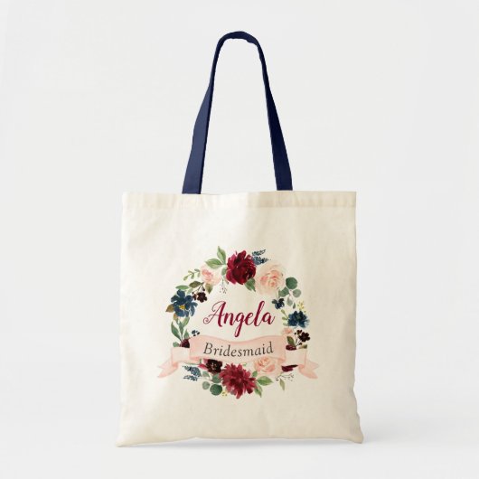 Bourgondië Blush Blauw Bloemen Krans Bruidsmeisje Tote Bag (Voorkant)