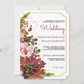 Bourgondië Blush Bloem Goud Foto Boho Bruiloft Kaart (Voorkant)