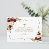 Bourgondië Blush Bloem Gouden Kruis Heilige Commun Bedankkaart (Staand voorkant)