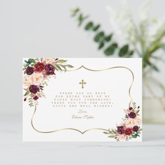 Bourgondië Blush Bloem Gouden Kruis Heilige Commun Bedankkaart (Staand voorkant)