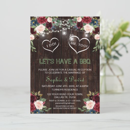 Bourgondië Blush Bloem Lichtjes Houten I DO BBQ Kaart (Staand voorkant)