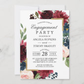 Bourgondië Blush Bloemen Blauw Goud Verlovingsfees Kaart (Voorkant)