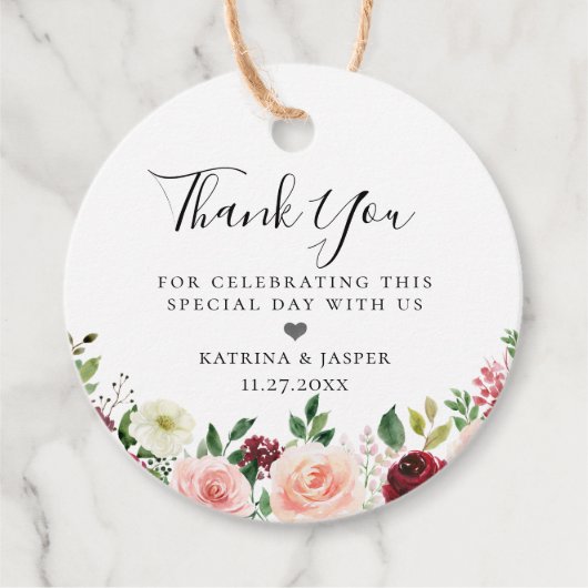 Bourgondië Blush Bloemen Boeket Bruiloft Bedankjes Labels (Voorkant)