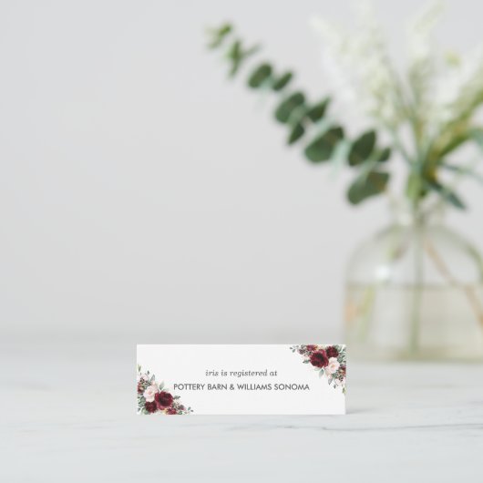 Bourgondië Blush Bloemen Bruidsregister Kaart Mini Mini Visitekaartje (Staand voorkant)