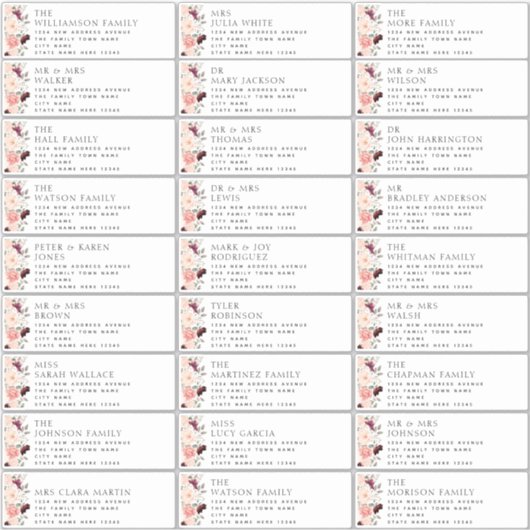 Bourgondië Blush Bloemen Bruiloft Gast Adresetiket Sticker (Voorkant)