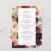 Bourgondië & Blush Bloemen Bruiloft op Roze Kaart (Voorkant / Achterkant)
