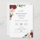 Bourgondië Blush Bloemen Bruiloft repetitie diner Kaart (Voorkant)