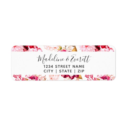 Bourgondië & Blush Bloemen Bruiloft Retouradres Etiket (Voorkant)