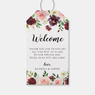Bourgondië Blush Bloemen Bruiloft Welkomsttas Cadeaulabel
