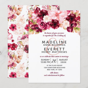 Bourgondië & Blush Bloemen Drop Bruiloft Uitnodigi Kaart