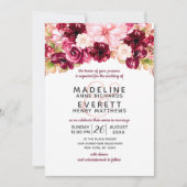 Bourgondië & Blush Bloemen Drop Bruiloft Uitnodigi Kaart (Voorkant)