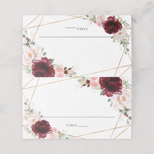 Bourgondië Blush Bloemen Goud Bruiloft Gast Naam Plaatskaartje (Buitenkant ongevouwen)
