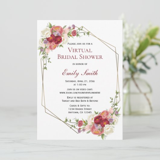Bourgondië Blush Bloemen Goud | Virtueel Vrijgezel Kaart (Staand voorkant)