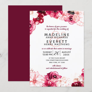 Bourgondië & Blush Bloemen Grens Bruiloft Uitnodig Kaart