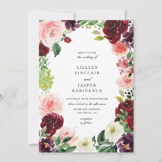 Bourgondië Blush Bloemen Lijst Bruiloft Kaart (Voorkant)