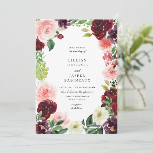 Bourgondië Blush Bloemen Lijst Bruiloft Kaart (Staand voorkant)