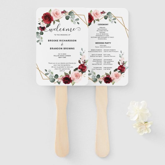 Bourgondië Blush Bloemen Modern Geometrisch Progra Handwaaier (Voorkant en achterkant)