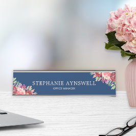 Bourgondië Blush Bloemen Navy Blauw gepersonalisee Bureau Naambordje