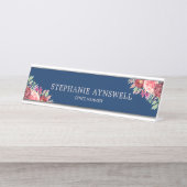 Bourgondië Blush Bloemen Navy Blauw gepersonalisee Bureau Naambordje (Voorkant)