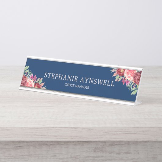 Bourgondië Blush Bloemen Navy Blauw gepersonalisee Bureau Naambordje (Voorkant)