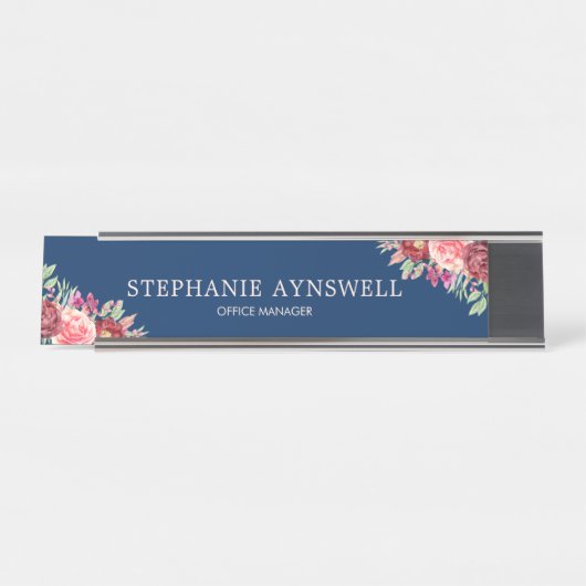 Bourgondië Blush Bloemen Navy Blauw gepersonalisee Bureau Naambordje (Voorkant)