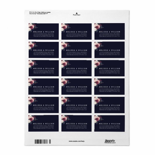 Bourgondië Blush Bloemen Navy Bruiloft Retouradres Etiket (Full Sheet)