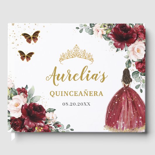 Bourgondië Blush Bloemen Prinses Goud Quinceañera Gastenboek (Voorkant)