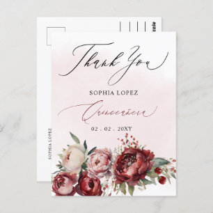 Bourgondië Blush Bloemen Quinceañera Dank u Briefkaart