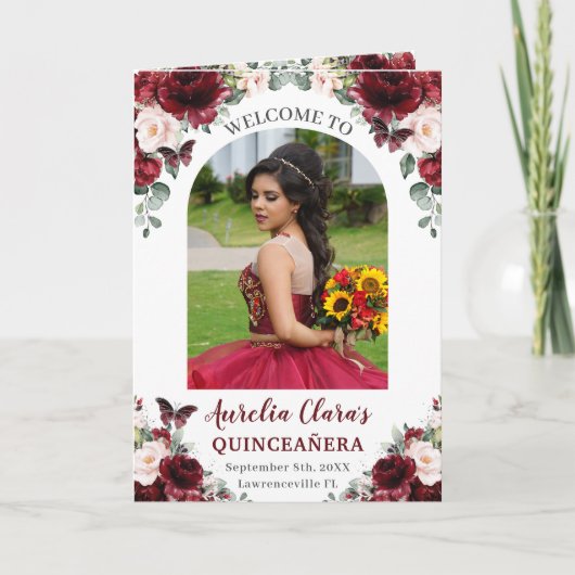 Bourgondië Blush Bloemen Quinceañera Evenementenor Programma (Voorkant)