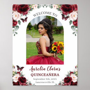 Bourgondië Blush Bloemen Quinceañera Foto Welkom Poster